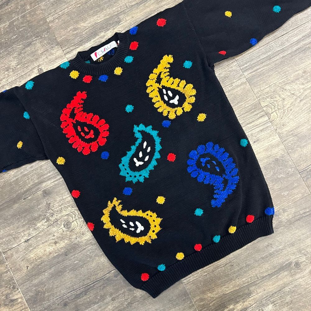 Vintage Claus Crewneck Sweater Women Size Small Oversized‎ Black Shoulder Pad